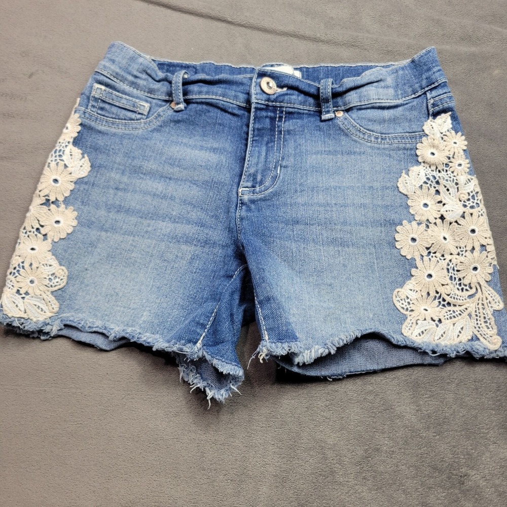 Girls Blue Denim Shorts With White Floral Lace Detail Frayed Hem Size 10